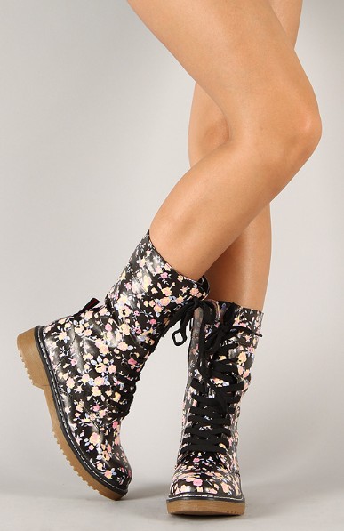 Pensky-2 floral print lacing military mid calf boot