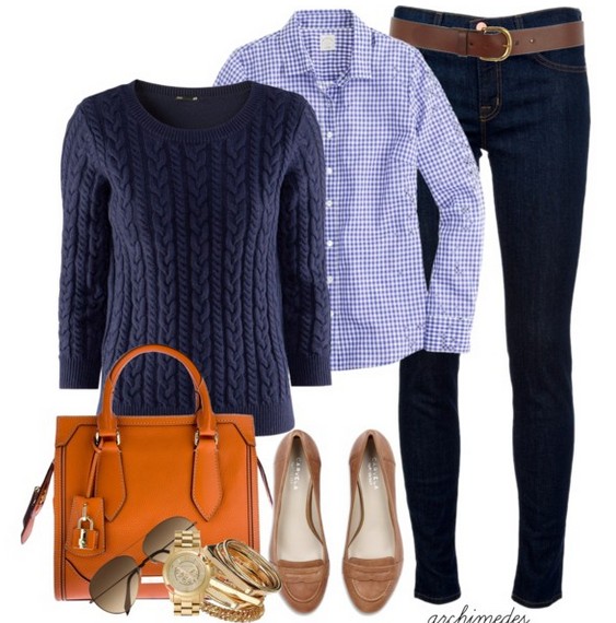 The trendy outfit idea, the blue sweater with a round neckline and the plais shirt