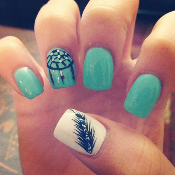 Teal feather nail design