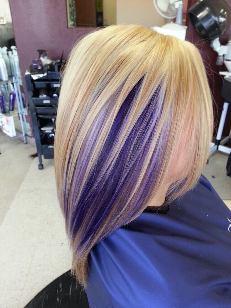 Medium length blonde straight hair with purple highlights