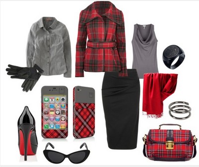 Plaid outfit for formal occasions, black jacket, black pencil dress and black pumps