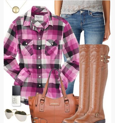 Purple check outfit, purple check shirt, jeans and knee length boots
