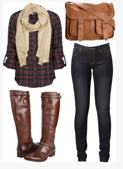 Casual checkered outfit, checkered shirt, light brown scalp, skinnies and brown knee-length boots