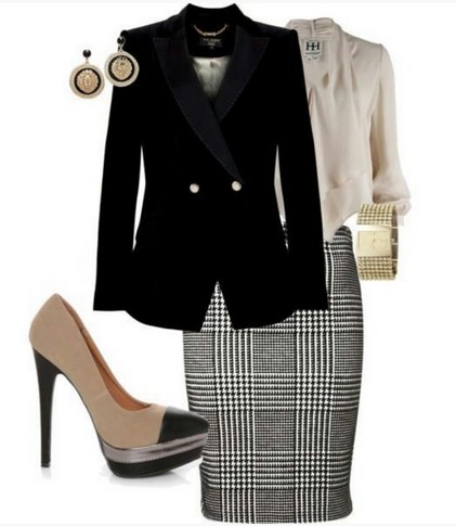 Checked outfit for formal occasions, black suit, checkered pencil dress and bare pumps