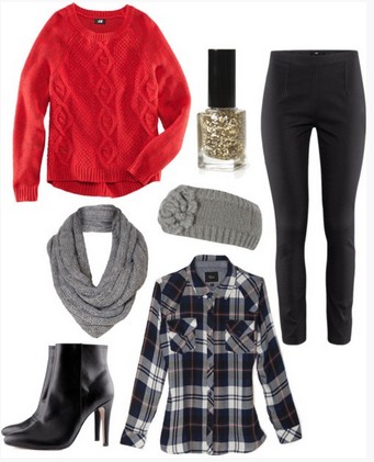 Plaid winter-autumn outfit, red sweater, plaid shirt, black leather pants and black ankle boots
