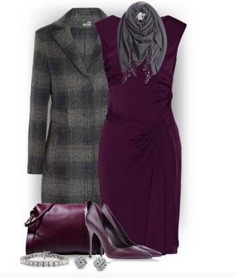 Plaid outfit for formal occasions, long plaid coat, a tight dress and purple pumps