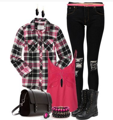 Plaid outfit, plaid shirt, printed skinnies and boots