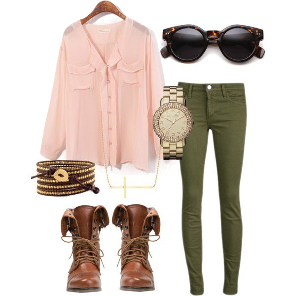 Rose quartz shirt and army green jeans