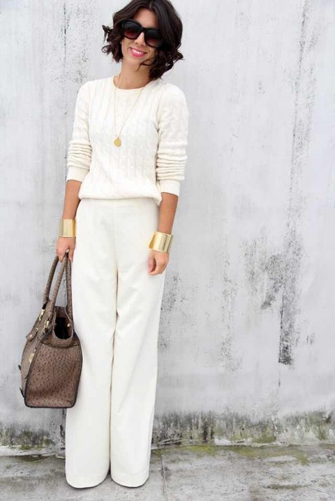White outfit, white crew-neck sweater and white pants