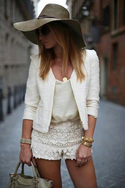 White outfit, white blazer with hot lace shorts