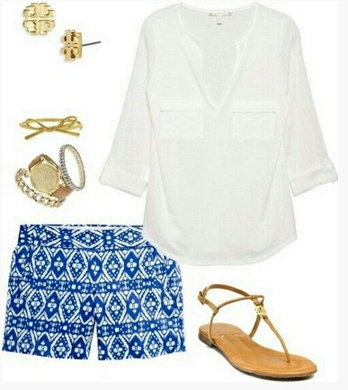 Sweet spring outfit, white blouse, shorts with aztec pattern and brown sandals
