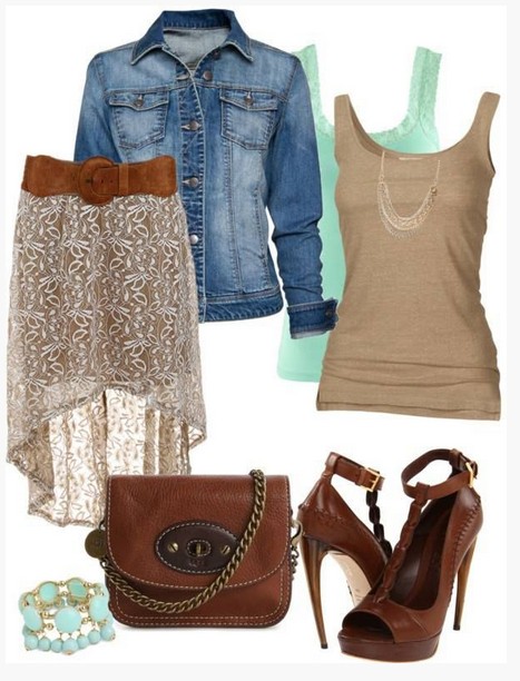 Brown spring outfit, denim jacket, fishtail dress and brown pumps