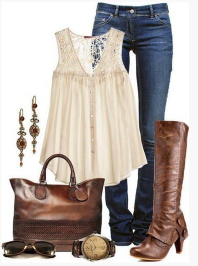 Brown spring outfit, pink embroidered top and brown knee-length boots