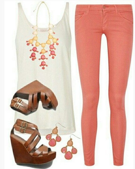 Sweet spring outfit, white tank top, bright pink skinnies and wedges