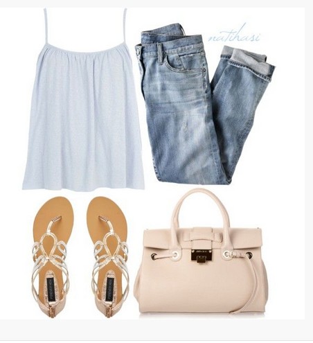White spring outfit, denim jacket, white dress and sandals