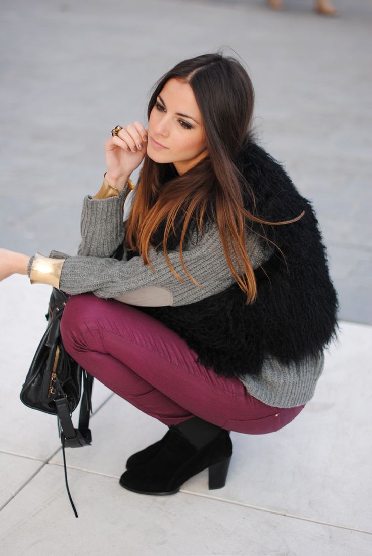 Gray sweater with burgundy pants