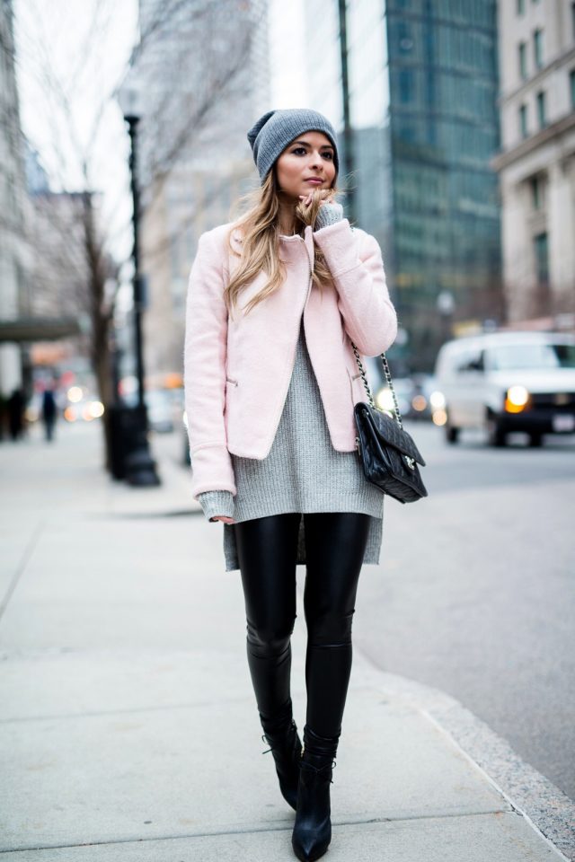 gray sweater and short coat via