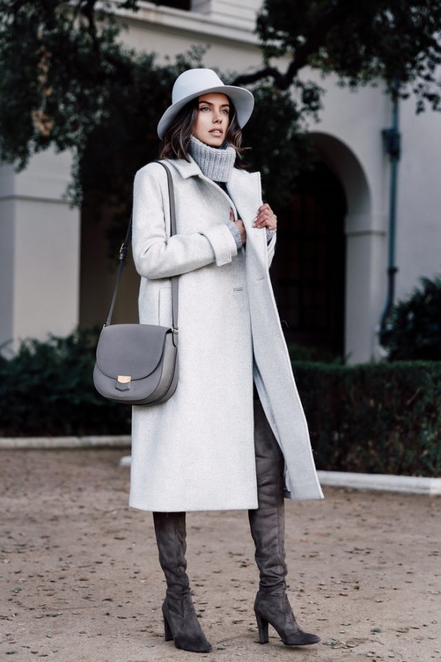 Turtleneck gray sweater and long trench coat via