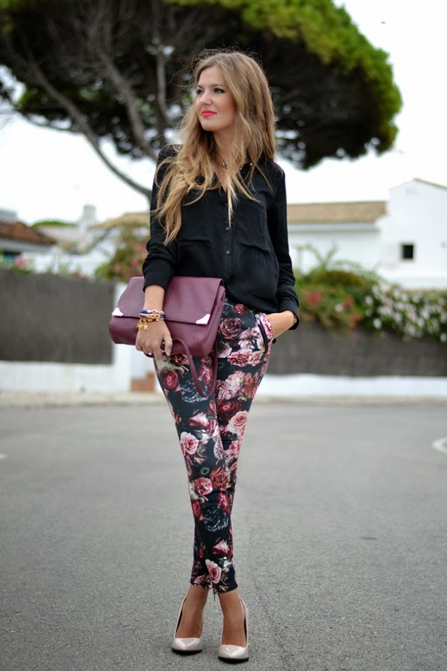 black top-and-flower pants via