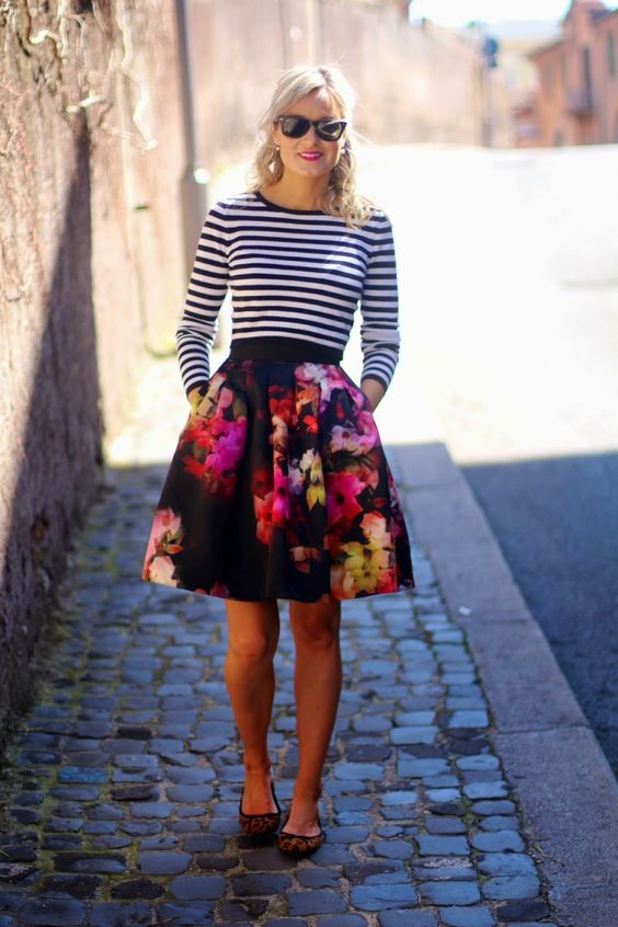 striped top floral skirt via