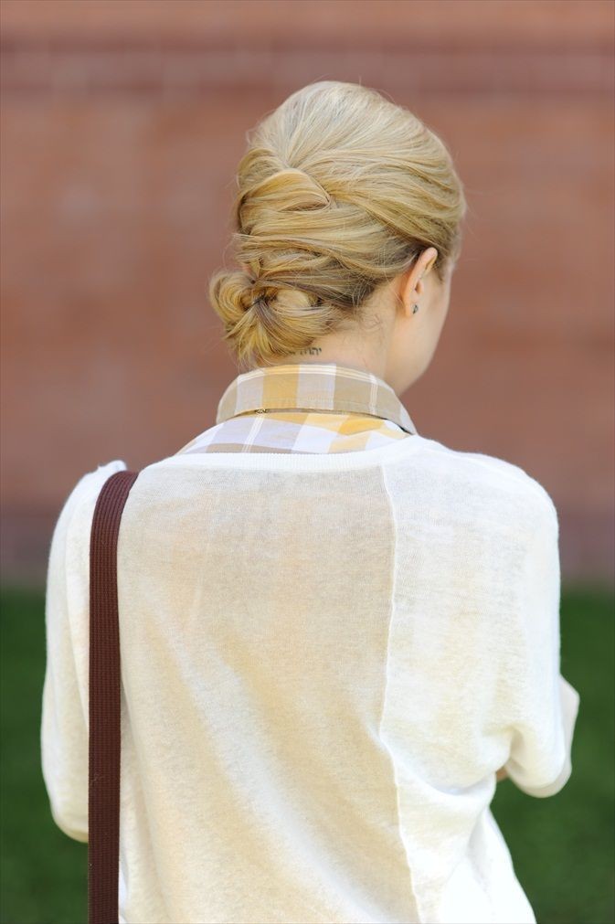 Woven low bun hairstyle