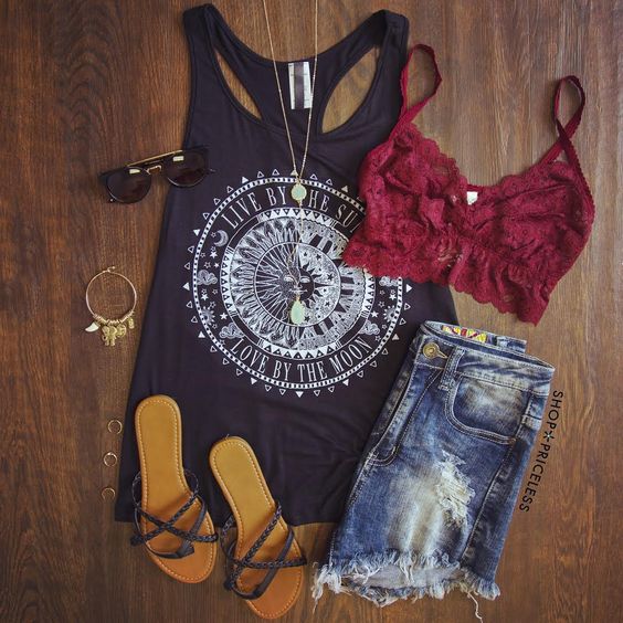 Tank top, cut out jeans and sandals over