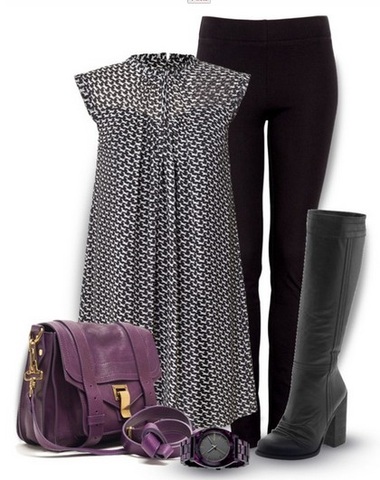 loose printed blouse, black skinnies and knee-length boots