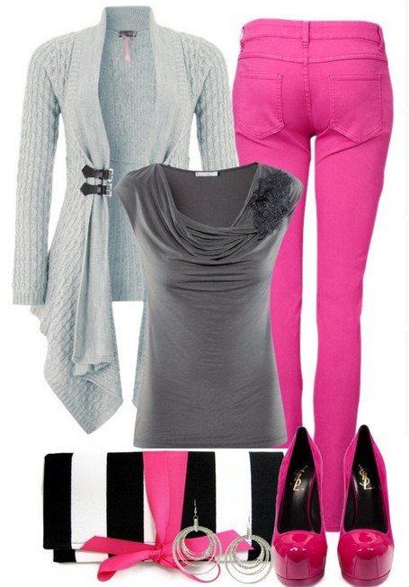 Casual cardigan, bright pink skinnies and pumps