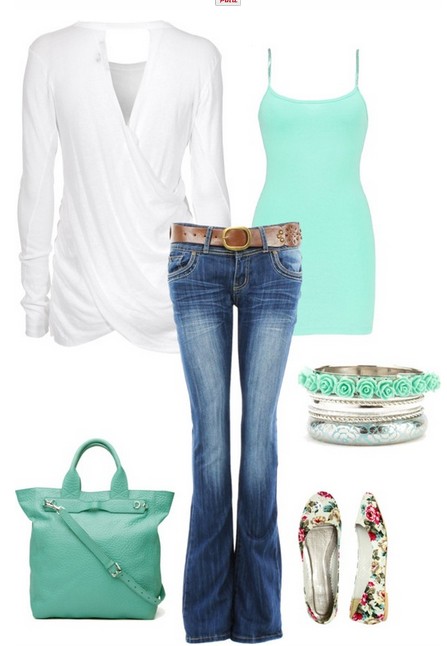 Casually designed white cardigan, jeans., Light blue top and flats