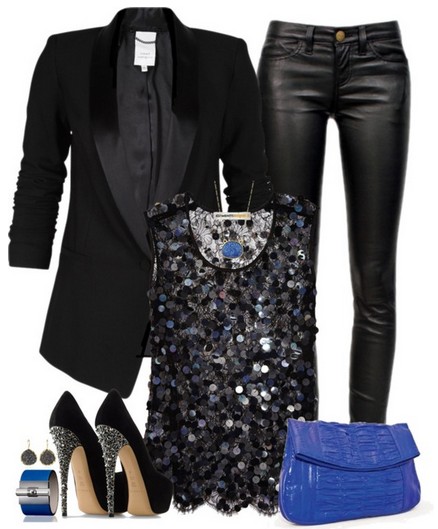 Black outfit for 2014, black suit, leather pants and sequin top