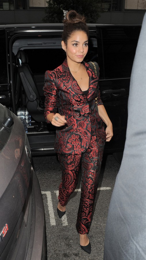 Vanessa Hudgens red and black brocade pants and blazer set by Moschino