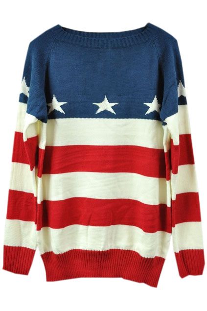 Red and white striped stars print blue sweaters - the latest street fashion 2014
