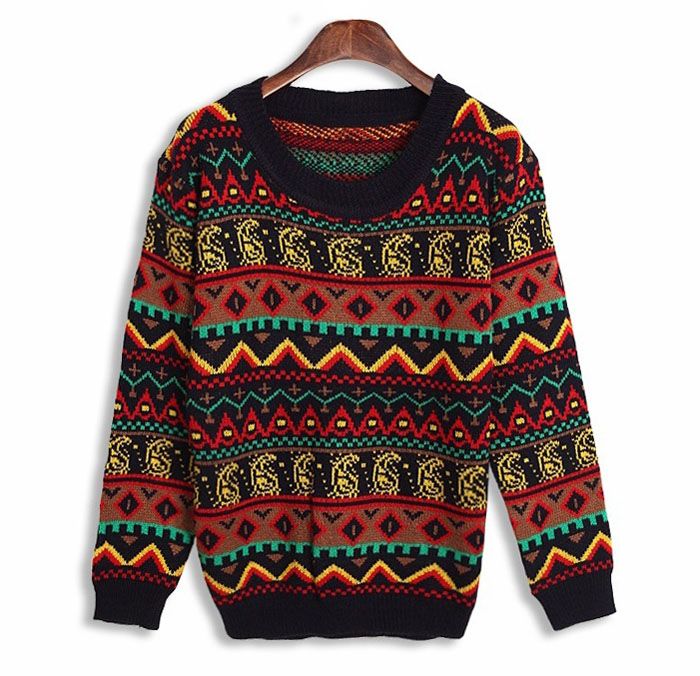 Vintage Multicolor Geometric Pattern Long Sleeve Ladies Sweater for Women 2014