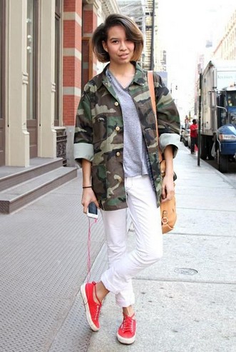 Military trend inspiration for spring 2014, camouflage jacket with coral sneakers