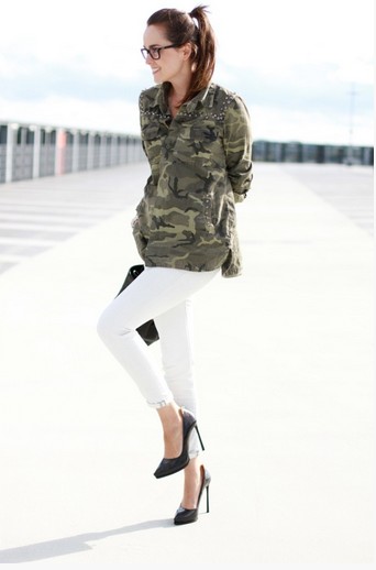 Military trend inspiration for spring 2014 - camouflage shirt and white jeans