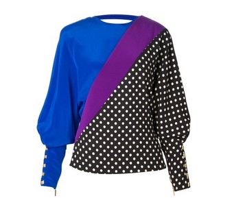 EMANUEL UNGARO polka dot silk blouse, blue and purple and black and white dotted