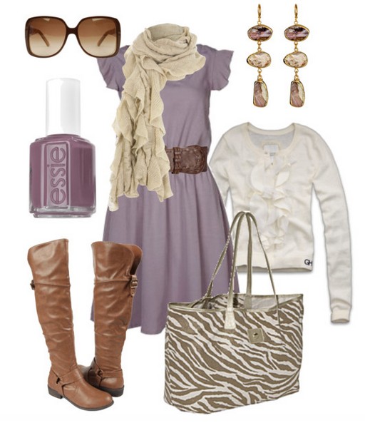 The trendy outfit idea, a light purple dress, a white knitted top and light brown knee-length boots