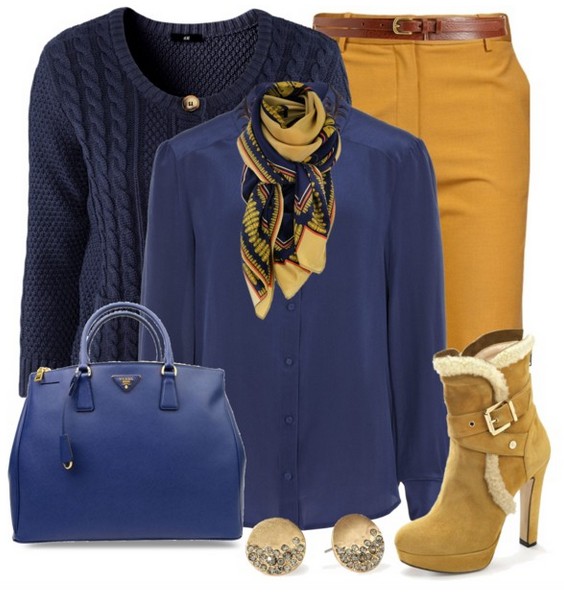 The trendy outfit idea, blue sweater with round neck and blouse