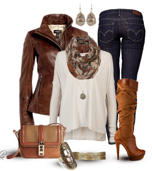 The Trendy Outfit Idea, brown leather jacket, white knitted top, jeans and knee-length boots