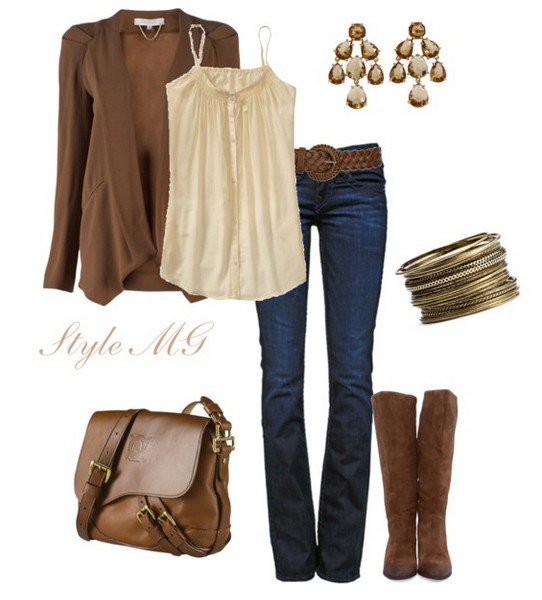 The trendy outfit idea, light brown cardigan and knee-length boots