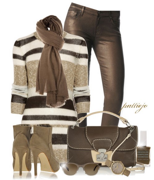 The trendy outfit idea, striped sweater, leather pants and gray ankle boots