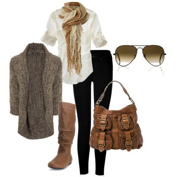 Warm and cozy outfit combinations for winter, light gray cardigan, tubes and knee-length boots