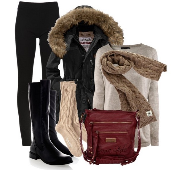 Warm and cozy outfit combinations for winter, brown sweaters, black tubes and black knee-length boots