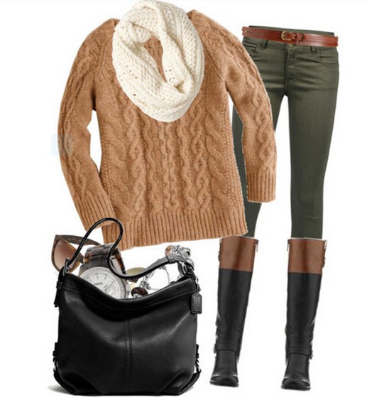 Warm and cozy outfit combinations for winter, brown sweaters, pants and knee-length boots