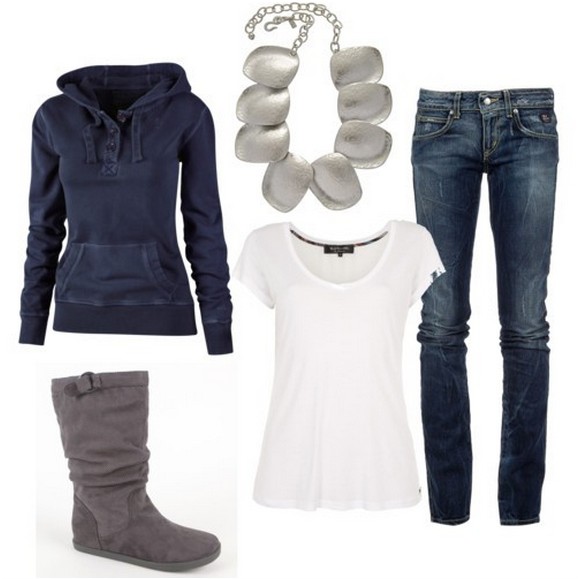 Warm and cozy outfit combinations for winter, sporty clothing, jeans and boots