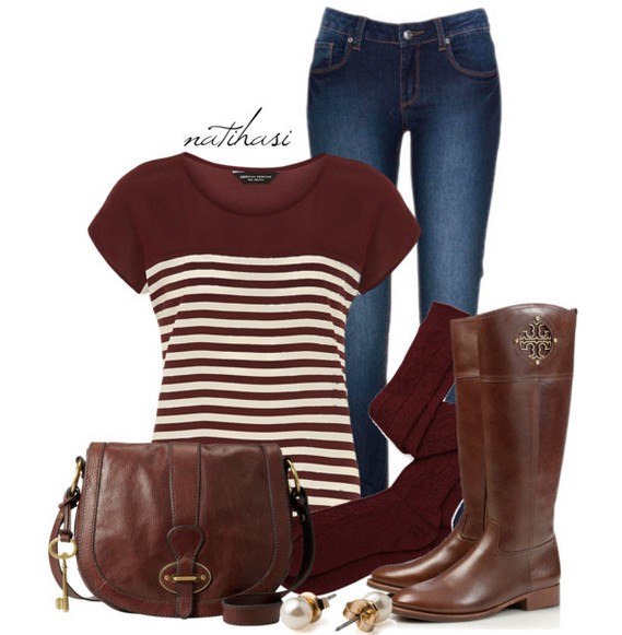 Warm and cozy outfit combinations for winter, striped knitted top, jeans and knee-length boots