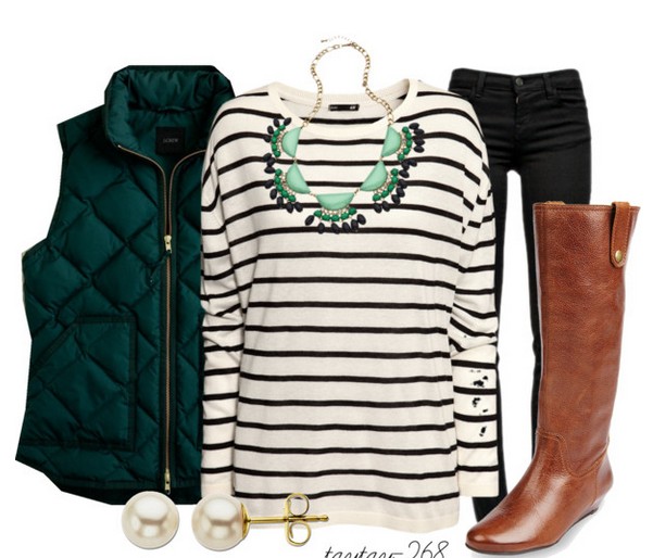 Warm and cozy outfit combinations for winter, striped sweaters, red tubes and knee-length boots