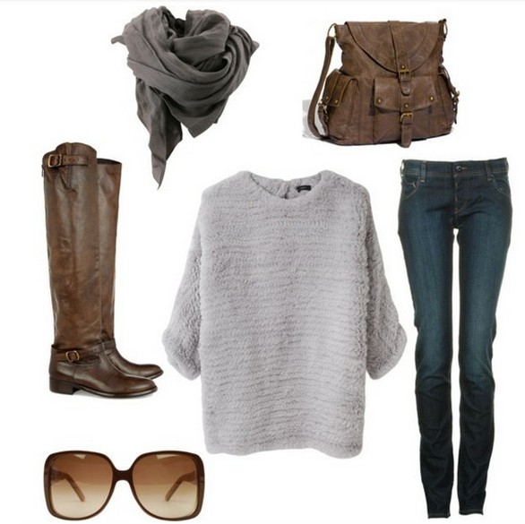 Warm and cozy outfit combinations for winter, loose pullovers, jeans and knee-length boots