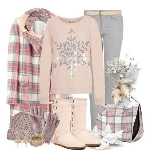 Warm and cozy outfit combinations for winter, pink sweaters, jeans and knee-length boots