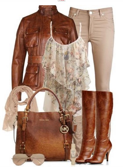 Daily outfit look, top with floral print, brown leather jacket and brown knee-length boots